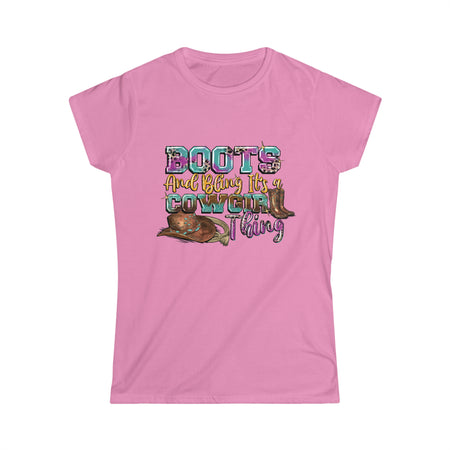 Boot's & Bling Cowgirl T-Shirt only at Bling & Bloom's Boutique | Wome Short Sleeve & Long Sleeve T-Shirt Bling & Bloom's Boutique The Boot's &amp; Bling Cowgirl T-Shirt is a more feminine take on the classic tee. The sleeves are shortened to reveal some shoulder. The fabric is 100% ringspun cot