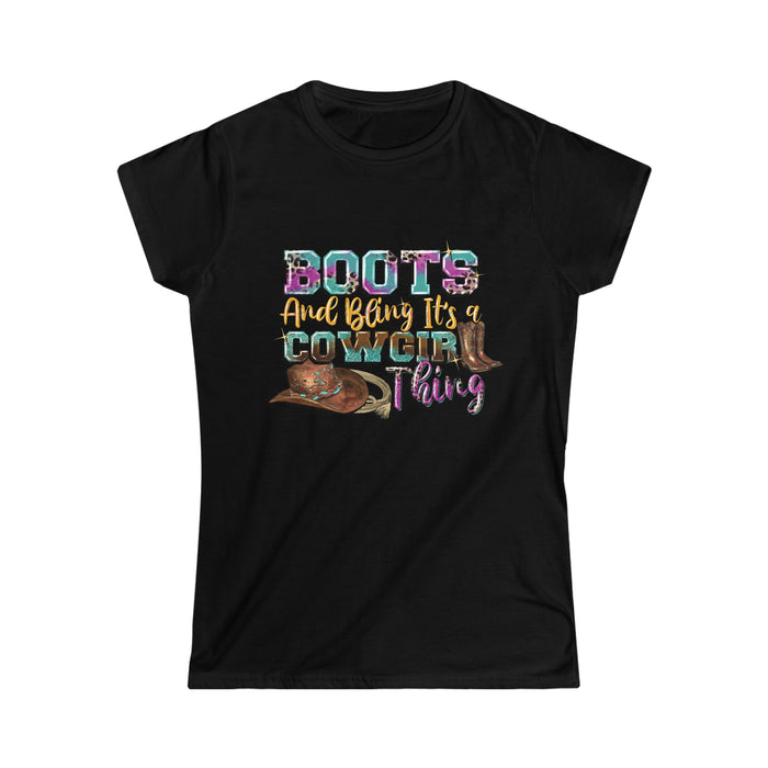 Boot's & Bling Cowgirl T-Shirt only at Bling & Bloom's Boutique | Wome Short Sleeve & Long Sleeve T-Shirt Bling & Bloom's Boutique The Boot's &amp; Bling Cowgirl T-Shirt is a more feminine take on the classic tee. The sleeves are shortened to reveal some shoulder. The fabric is 100% ringspun cot