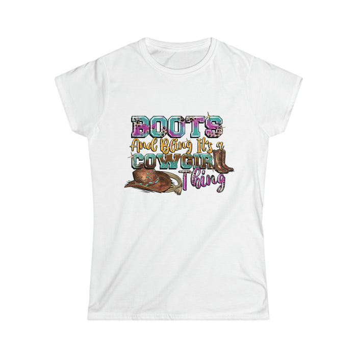 Boot's & Bling Cowgirl T-Shirt only at Bling & Bloom's Boutique | Wome Short Sleeve & Long Sleeve T-Shirt Bling & Bloom's Boutique The Boot's &amp; Bling Cowgirl T-Shirt is a more feminine take on the classic tee. The sleeves are shortened to reveal some shoulder. The fabric is 100% ringspun cot