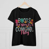 Boot's & Bling Cowgirl Women's T-Shirt only at Bling & Bloom's Boutiqu Short Sleeve & Long Sleeve T-Shirt Bling & Bloom's Boutique What’s better than a soft, light cotton, quality t-shirt in your wardrobe? This comfy, contoured 100% cotton Boot's &amp; Bling Cowgirl T-Shirt offers a semi-fitted 