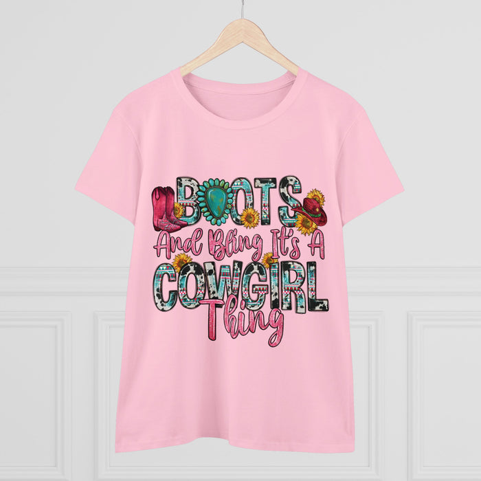 Boot's & Bling Cowgirl Women's T-Shirt only at Bling & Bloom's Boutiqu Short Sleeve & Long Sleeve T-Shirt Bling & Bloom's Boutique What’s better than a soft, light cotton, quality t-shirt in your wardrobe? This comfy, contoured 100% cotton Boot's &amp; Bling Cowgirl T-Shirt offers a semi-fitted 