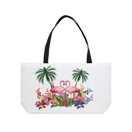 Pink Flamingo Weekender Tote Bag Bags Bling & Bloom's Boutique This personalized Pink Flamingo weekender bag comes in one size – 24" x 13" – perfect for those who love to travel light. Its t-bottom construction and black handles