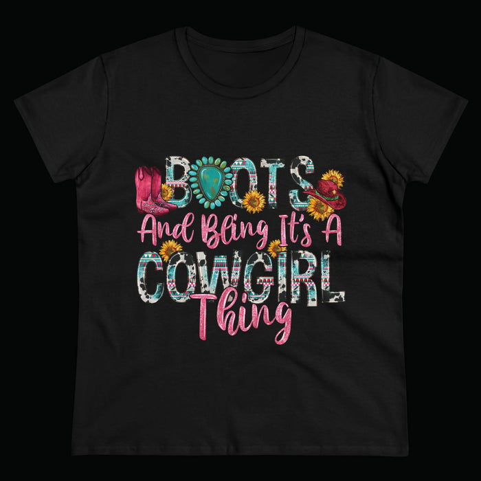 Boot's & Bling Cowgirl Women's T-Shirt only at Bling & Bloom's Boutiqu Short Sleeve & Long Sleeve T-Shirt Bling & Bloom's Boutique What’s better than a soft, light cotton, quality t-shirt in your wardrobe? This comfy, contoured 100% cotton Boot's &amp; Bling Cowgirl T-Shirt offers a semi-fitted 