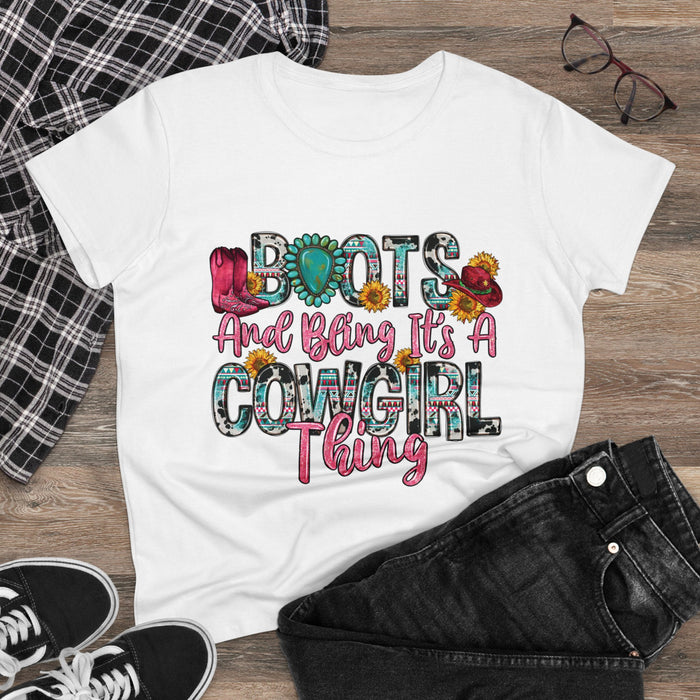 Boot's & Bling Cowgirl Women's T-Shirt only at Bling & Bloom's Boutiqu Short Sleeve & Long Sleeve T-Shirt Bling & Bloom's Boutique What’s better than a soft, light cotton, quality t-shirt in your wardrobe? This comfy, contoured 100% cotton Boot's &amp; Bling Cowgirl T-Shirt offers a semi-fitted 