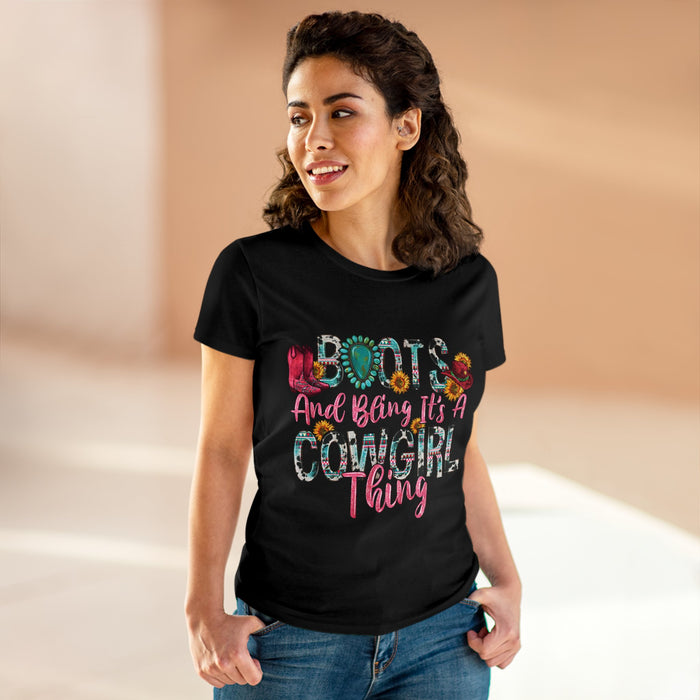 Boot's & Bling Cowgirl Women's T-Shirt only at Bling & Bloom's Boutiqu Short Sleeve & Long Sleeve T-Shirt Bling & Bloom's Boutique What’s better than a soft, light cotton, quality t-shirt in your wardrobe? This comfy, contoured 100% cotton Boot's &amp; Bling Cowgirl T-Shirt offers a semi-fitted 