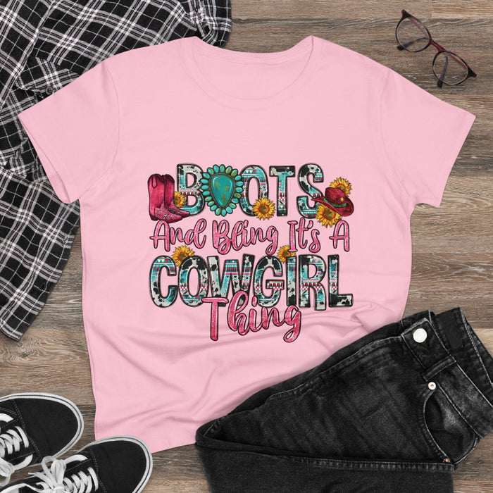 Boot's & Bling Cowgirl Women's T-Shirt only at Bling & Bloom's Boutiqu Short Sleeve & Long Sleeve T-Shirt Bling & Bloom's Boutique What’s better than a soft, light cotton, quality t-shirt in your wardrobe? This comfy, contoured 100% cotton Boot's &amp; Bling Cowgirl T-Shirt offers a semi-fitted 