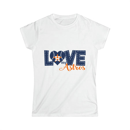 Love My Astros Women's Softstyle Tee | Girls Baseball T-Shirts | Bling Short Sleeve & Long Sleeve T-Shirt Bling & Bloom's Boutique The Love My Astros woman's softstyle tee is a more feminine take on the classic tee. The sleeves are shortened to reveal some shoulder. The fabric is 100% ringspun c