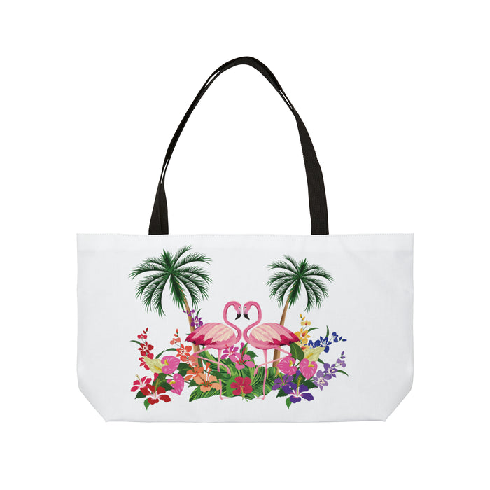 Pink Flamingo Weekender Tote Bag Bags Bling & Bloom's Boutique This personalized Pink Flamingo weekender bag comes in one size – 24" x 13" – perfect for those who love to travel light. Its t-bottom construction and black handles