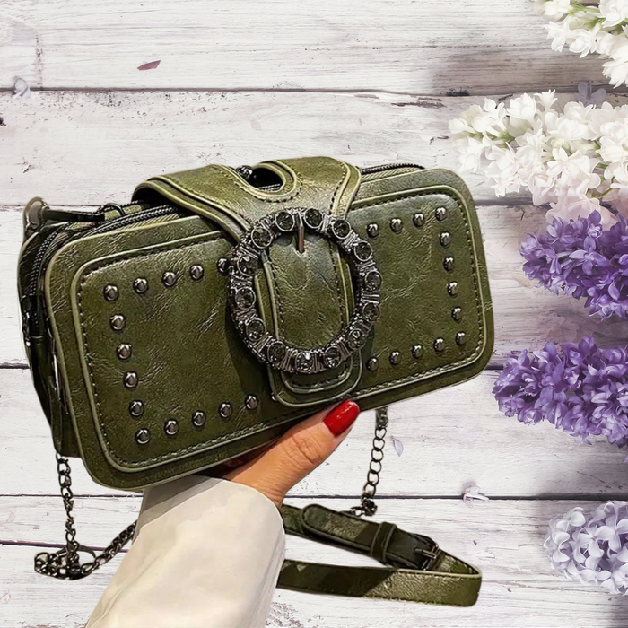 Retro Rhinestone Buckle Bag only at Bling & Bloom's Boutique | Multi-Pocket Chain Crossbody