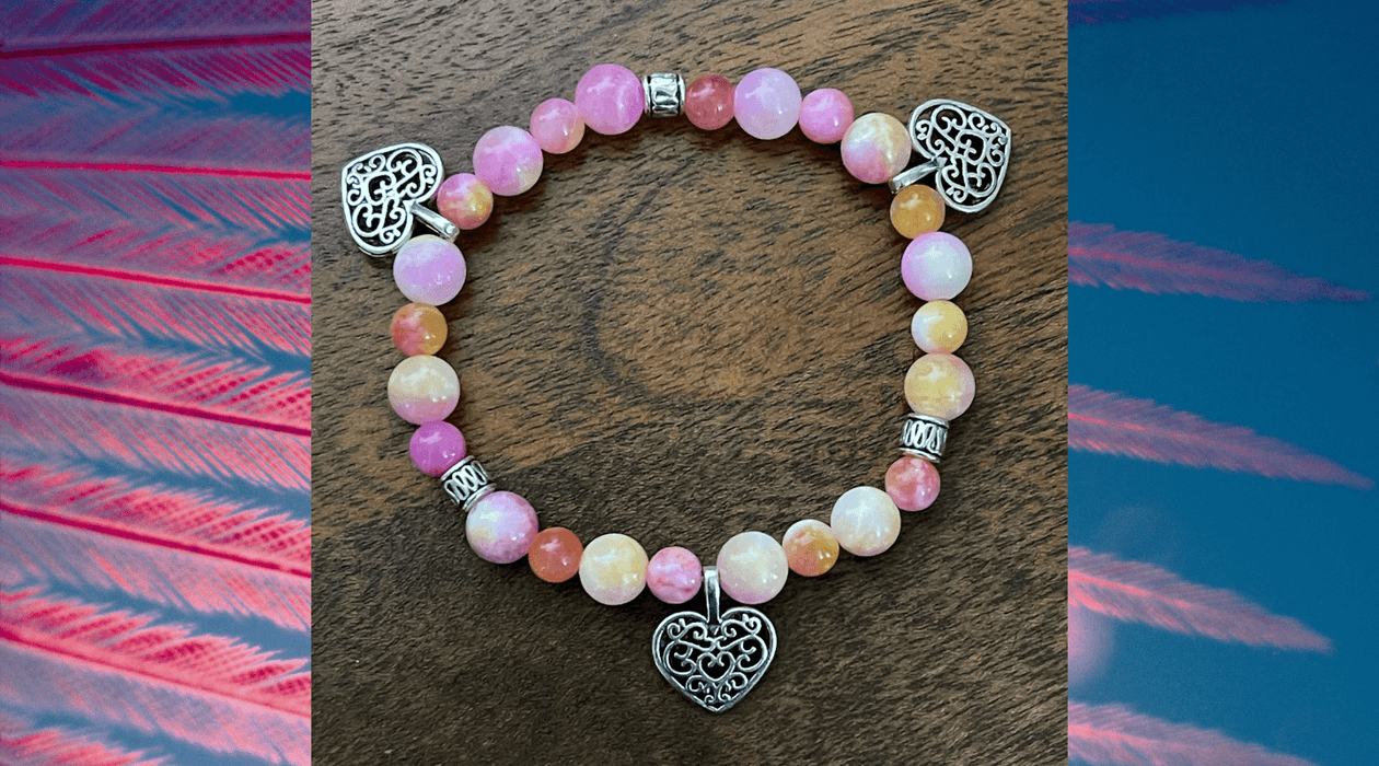 Pink Yellow Gemstone Bracelet | Heart Charm Bracelet | Gifts for Her | Bracelets Bling & Bloom's Boutique Pink Yellow Jade Stones w/ Antique Heart Charms &amp; Silver Spacers. Pretty in Pink! Perfect for that daughter in your life who loves hearts or pink. Made on a stre