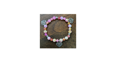 Pink Yellow Gemstone Bracelet | Heart Charm Bracelet | Gifts for Her | Bracelets Bling & Bloom's Boutique Pink Yellow Jade Stones w/ Antique Heart Charms &amp; Silver Spacers. Pretty in Pink! Perfect for that daughter in your life who loves hearts or pink. Made on a stre