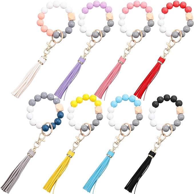 Wood Beaded Wristlet Keychains at Bling & Bloom's Boutique | Colorful  Accessories Bling & Bloom's Boutique 
	Convenient Size: with a diameter of approximately 3.5 inches, the key wristlet for women properly fits in your hand, making it easy to wear; The attached PU leathe