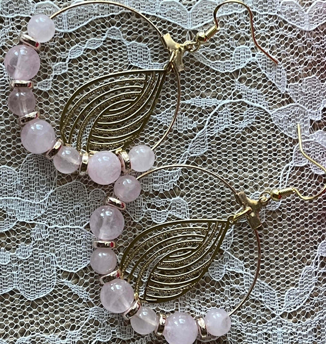 Pink Rose Quartz Earrings |  Pink Stone Bracelet | Etched Gold Charm | Jewelry Sets Bling & Bloom's Boutique Pretty in Pink: This beautiful handmade set of earrings and bracelet are decorated in Rose Quartz Stones with Gold Spacers. These earrings have an etched gold charm 