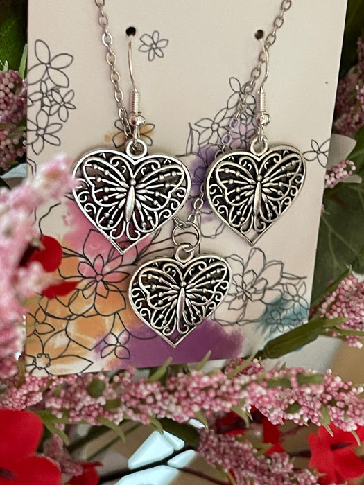 Silver Heart Butterfly Earrings and Necklace | Jewelry Sets | Gifts fo Jewelry Sets Bling & Bloom's Boutique Antique silver heart butterfly earrings and necklace jewelry set. Lightweight and dainty. Perfect for that birthday girl or woman in your life. 
