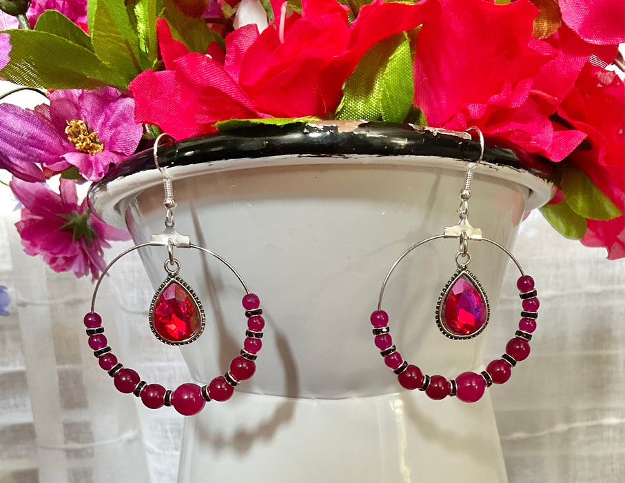 Rose Red Earrings |  Round Stones | Deep Purple Rhinestone Spacers | S Earrings Bling & Bloom's Boutique Natural Rose Red Jade Round Stone, Deep Purple Rhinestone Spacers and a Sparkling Rose Pink Dangling Charm
