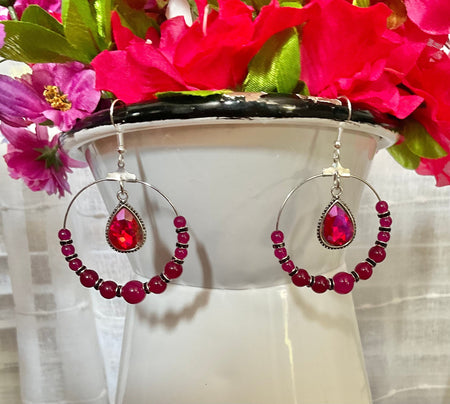 Rose Red Earrings |  Round Stones | Deep Purple Rhinestone Spacers | S Earrings Bling & Bloom's Boutique Natural Rose Red Jade Round Stone, Deep Purple Rhinestone Spacers and a Sparkling Rose Pink Dangling Charm
