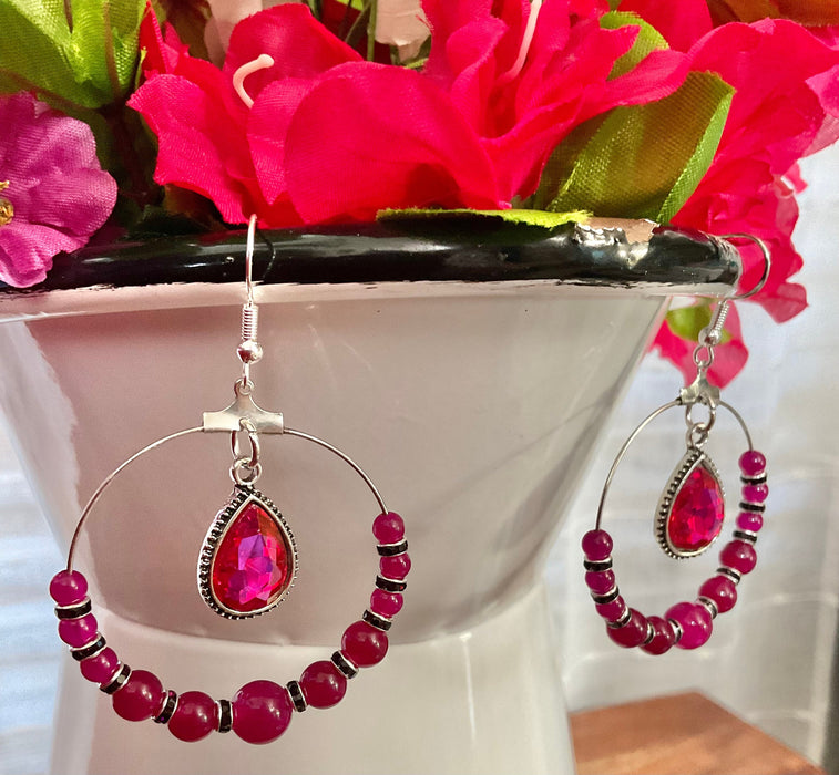 Rose Red Earrings |  Round Stones | Deep Purple Rhinestone Spacers | S Earrings Bling & Bloom's Boutique Natural Rose Red Jade Round Stone, Deep Purple Rhinestone Spacers and a Sparkling Rose Pink Dangling Charm
