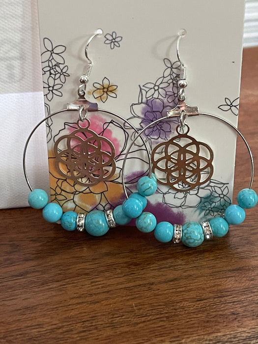 Turquoise Lovers Hoops | Turquoise Stones Earrings | Clear Rhinestone  Earrings Bling & Bloom's Boutique Stabilized Blue Turquoise Stones, Clear Rhinestone Spacers &amp; Silver Charm on Silver Hoops 