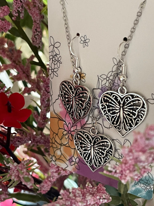 Silver Heart Butterfly Earrings and Necklace | Jewelry Sets | Gifts fo Jewelry Sets Bling & Bloom's Boutique Antique silver heart butterfly earrings and necklace jewelry set. Lightweight and dainty. Perfect for that birthday girl or woman in your life. 
