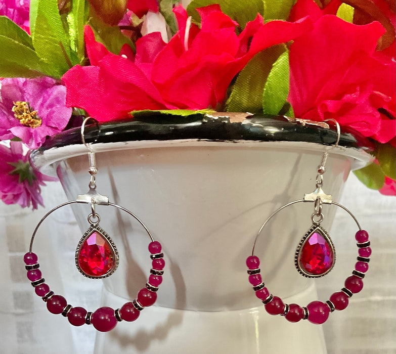 Rose Red Earrings |  Round Stones | Deep Purple Rhinestone Spacers | S Earrings Bling & Bloom's Boutique Natural Rose Red Jade Round Stone, Deep Purple Rhinestone Spacers and a Sparkling Rose Pink Dangling Charm
