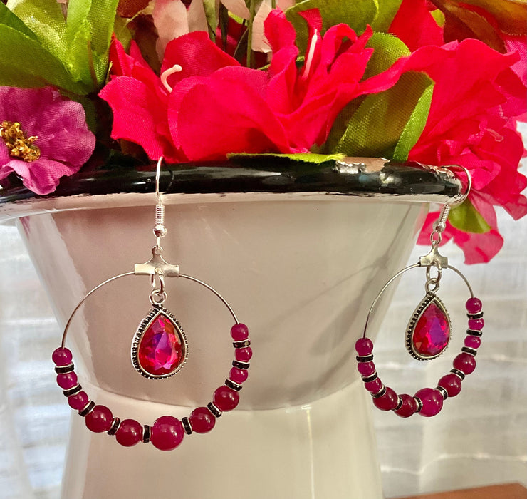 Rose Red Earrings |  Round Stones | Deep Purple Rhinestone Spacers | S Earrings Bling & Bloom's Boutique Natural Rose Red Jade Round Stone, Deep Purple Rhinestone Spacers and a Sparkling Rose Pink Dangling Charm
